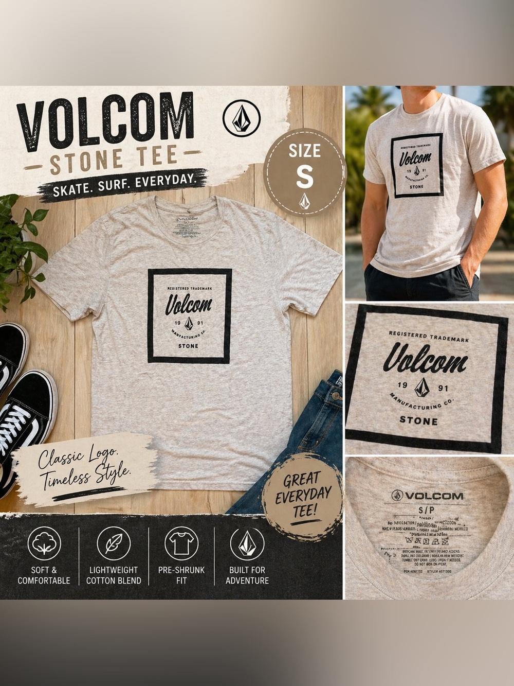 Volcom Stone Graphic T Shirt Beige Logo Tee Skate Surf Casual Mens S